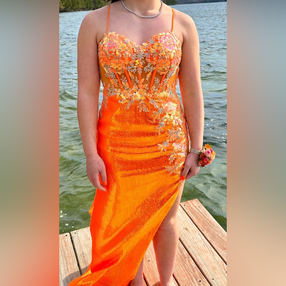 Size 2 Stella Couture Orange sequin Prom Dress
